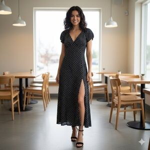 ZARA Linen Blend Black and white Polka Dot Midi Dress Size Small Open Back